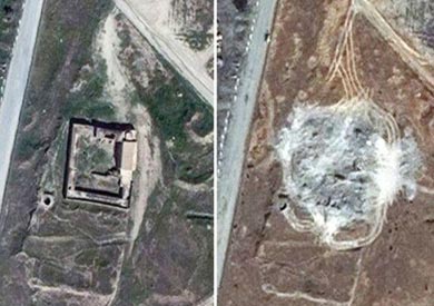 صور للأقمار الصناعية تظهر موقع الدير قبل وبعد وتدميره